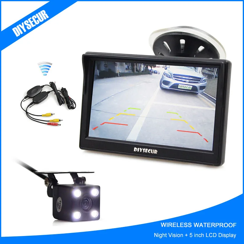 

Wireless Waterproof CCD Reverse Backup Car Camera LED Night Vision + 5 inch LCD Display Rear View Car Monitor Free Shipping
