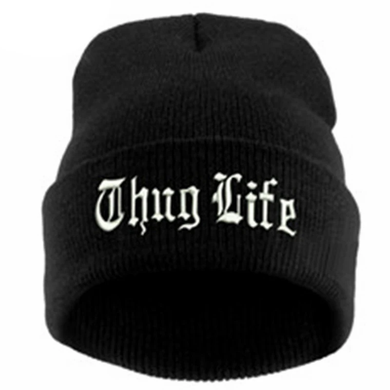 Черная шапка с надписью для мужчин THUG LIFE, шерстяные вязаные шапки, мужские и женские зимние шапочки с черепами, Женские повседневные Шапки, Шапки - Цвет: Black White