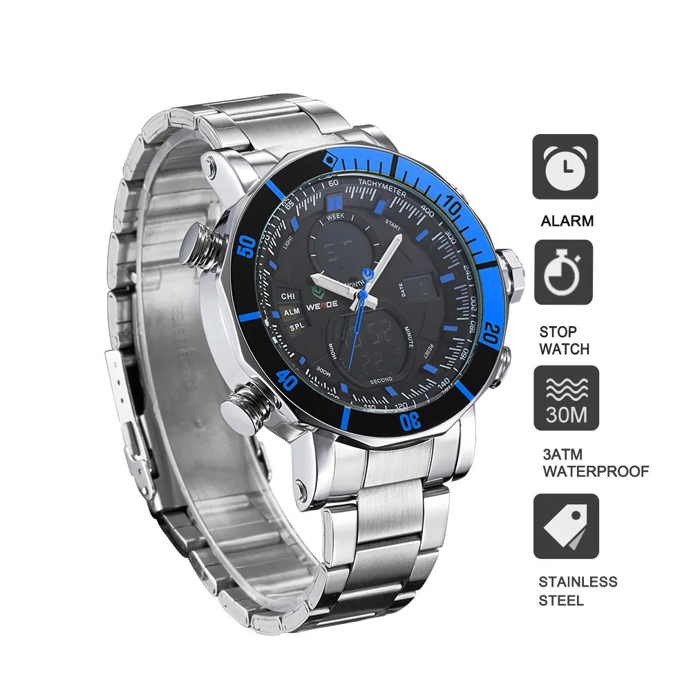 WEIDE men watch quartz contracted watch stainless steel date sport in digital watches led round Big dial luxury  fashion casual