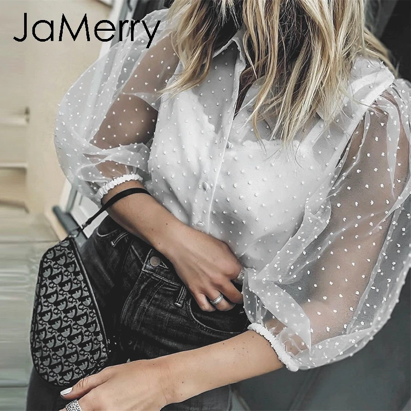 

JaMerry Elegant mesh white chiffon blouse Long sleeve buttons blouses and shirt Fasion office lady work wear sexy black blouse