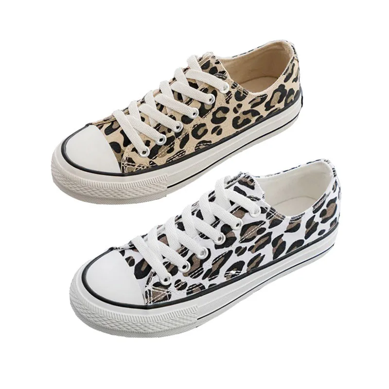 

2019 Spring Leopard Canvas Shoes In Women Vulcanized Shoes Lace Up Casual Low-help Sneakers Breathable Ladies Footwear New