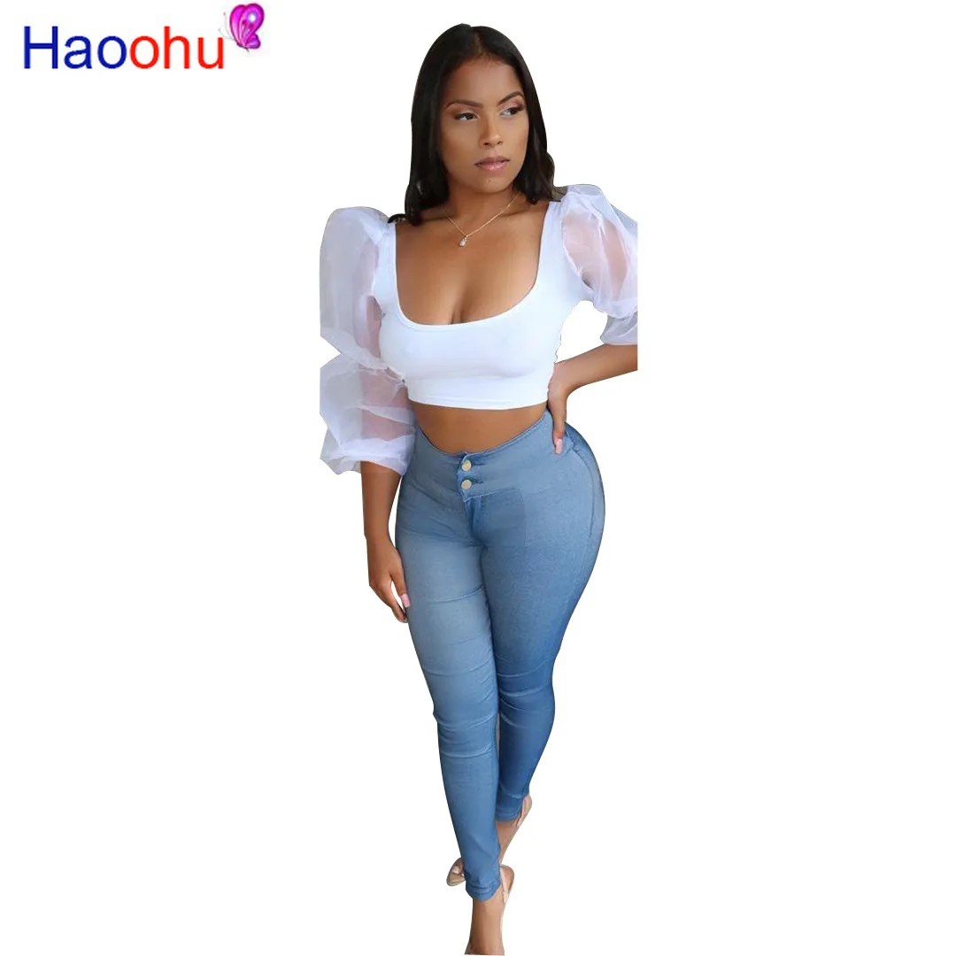 

HAOOHU Summer 2019 mesh stitching long-sleeved vest women hot U-neck exposed umbilical rubber sleeves shirt YZ1104