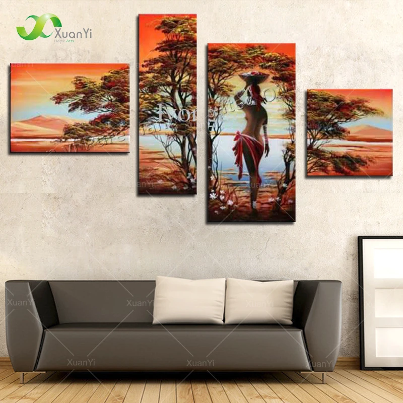 

4 Panel Abstract Hand Painted African Women Landscape Painting Cuadros Decoracion Wall Pictures For Living Room No Frame XY101