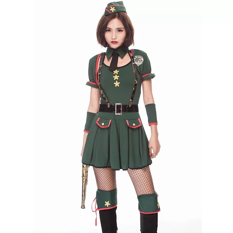 Для взрослых женщин Хэллоуин военный костюм короткое сексуальное зеленое плиссированное платье косплей Порно Игры форма Эми одежда для вечеринок для девочек