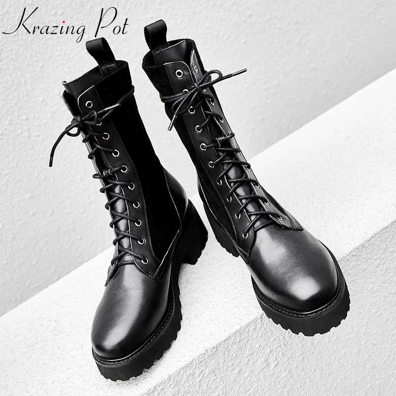 

Krazing Pot 2018 full grain leather Western motorcycle boots women round toe rock punk design solid women cowboy ankle boots L66