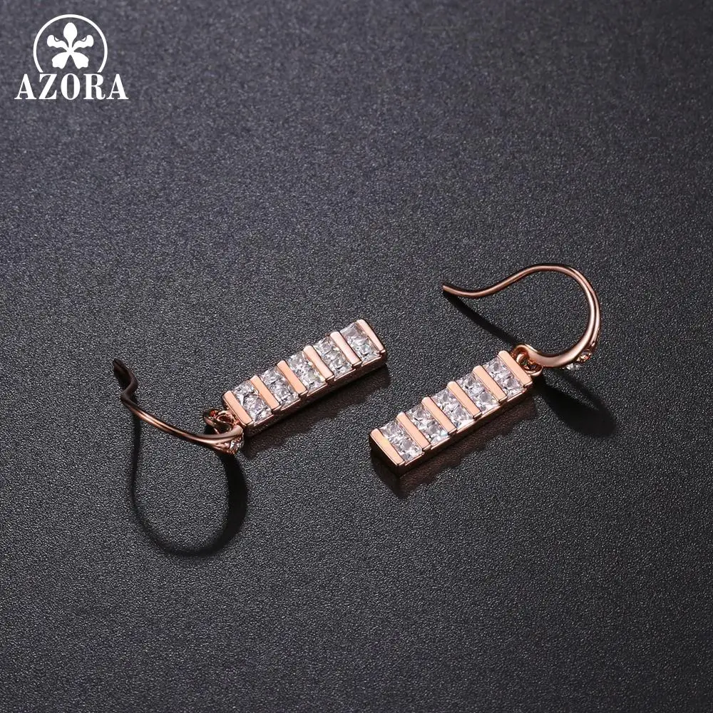 AZORA Full Paved Square Cut Clear Cubic Zirconia Rectangle Drop Earrings for Women Rose Gold Color Jewelry TE0347