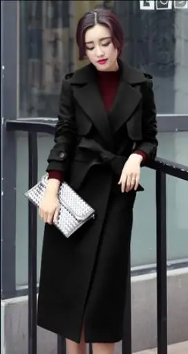 Бренд, зимнее пальто с поясом, женское теплое шерстяное пальто, длинное женское кашемировое пальто, Европейская мода, куртка, верхняя одежда, женская одежда - Цвет: black