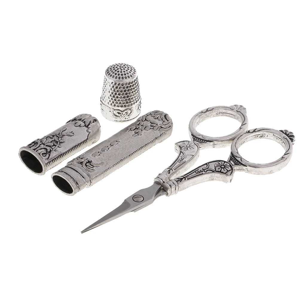 2 Sets European Vintage Sewing Kit Tailors Scissors Thimble Needle Case Holder DIY Embroidery Cross Stitch Crewel Craft Tools