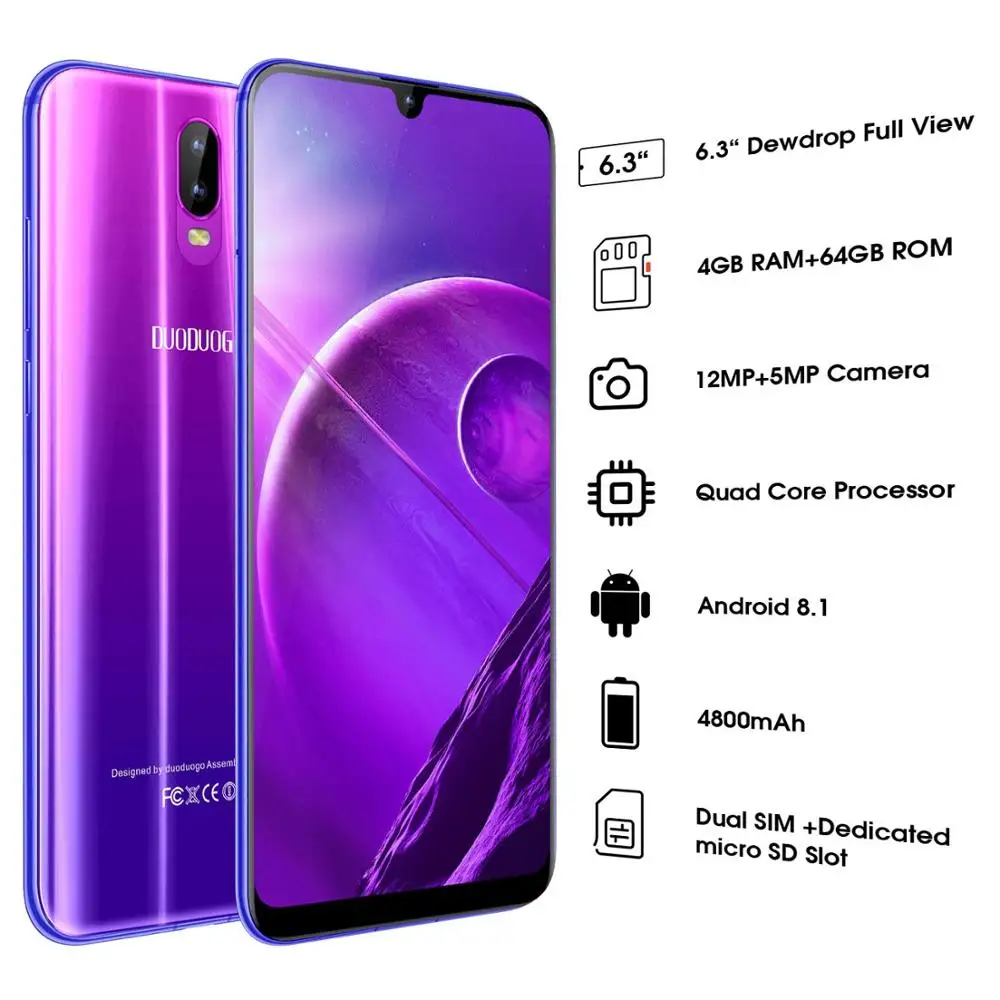 DUODUOGO S10 мобильный телефон Android 8 1 6 26 ''капли воды Экран 4 Гб+ 64 Гб 12MP камеры 4G LTE