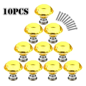 

10PCS/Set Yellow Metal Crystal Door Handles Glass Diamond Pulls Knobs Wardrobe Kitchen Cabinet Cupboard Drawer Furniture Knob