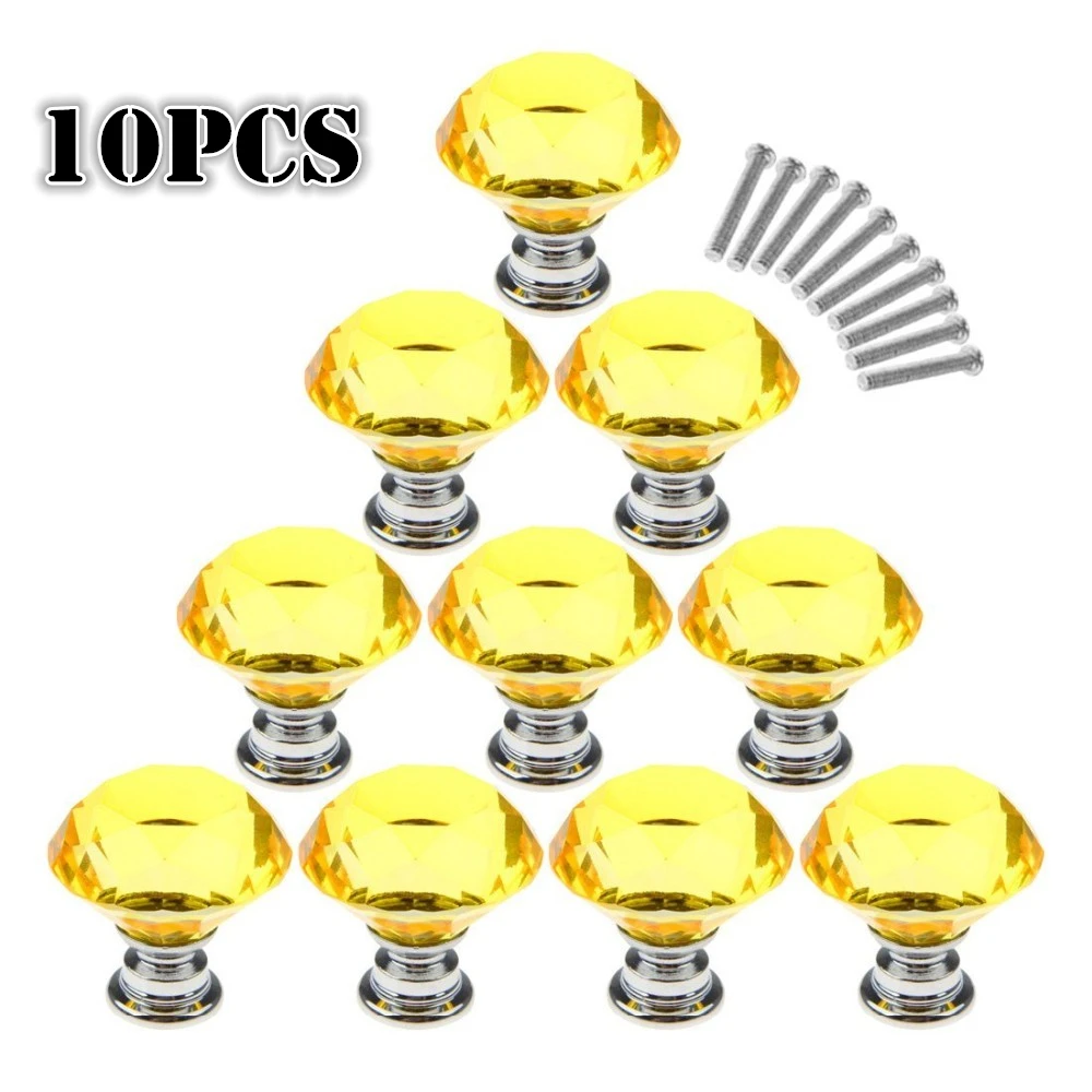 10PCS/Set Yellow Metal Crystal Door Handles Glass Diamond Pulls Knobs Wardrobe Kitchen Cabinet Cupboard Drawer Furniture Knob