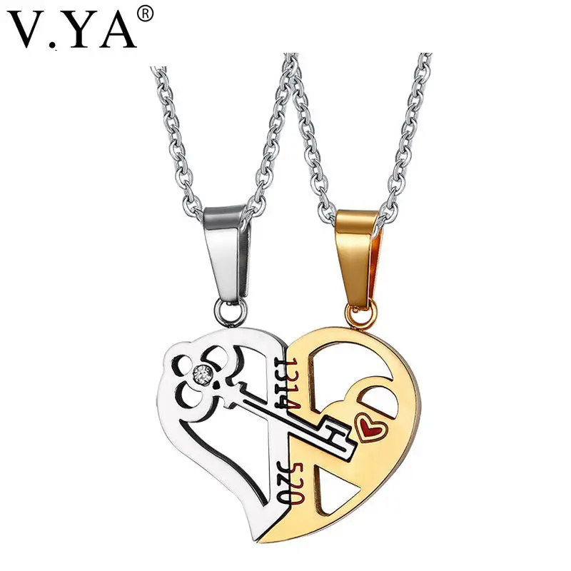 

V.Ya Romantic Couples Heart Key Crystal Necklaces Her & His Love Forever Pendant Set Valentine Stainless Steel Chain Jewelries