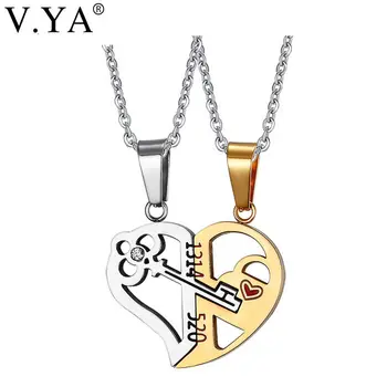 

V.Ya Romantic Couples Heart Key Crystal Necklaces Her & His Love Forever Pendant Set Valentine Stainless Steel Chain Jewelries