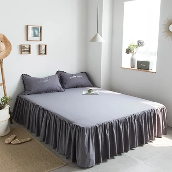 

Solid Color Grey White 100% Washed Cotton Soft Bed Sheet Set 3 Piece Shabby Ruffled Rubber Bedskirt with Pillow shams