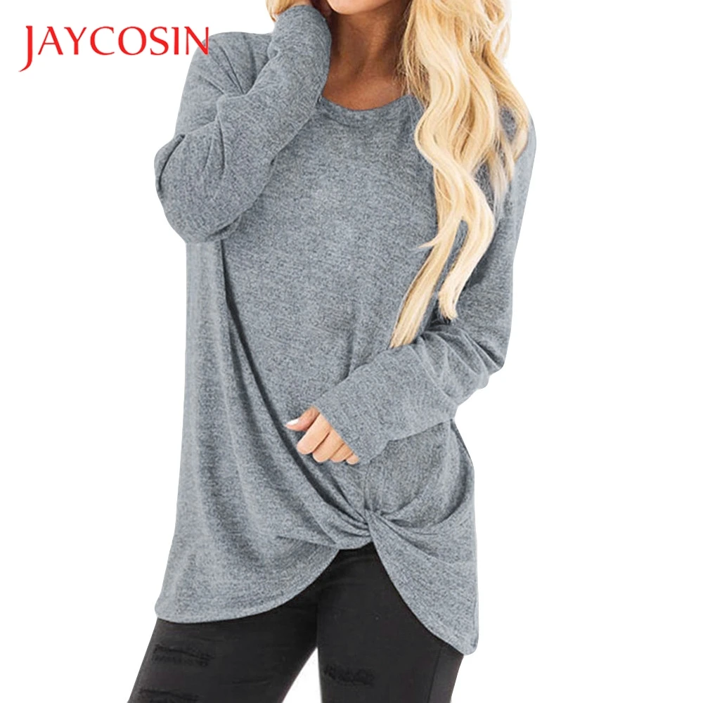 

JAYCOSIN Loose Long Sleeve Women Fashion O-Neck Casual Solid T-Shirt Tops Autumn Winter Season Solid Pattern