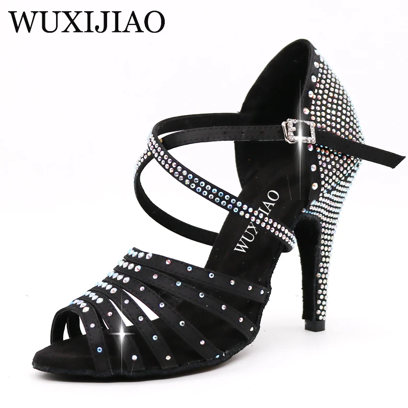WUXIJIAO новые бронзовые черные атласные латинские женские туфли для танцев сальса со стразами туфли для танцев женские бальные танцевальные туфли каблук 5 см-10 см