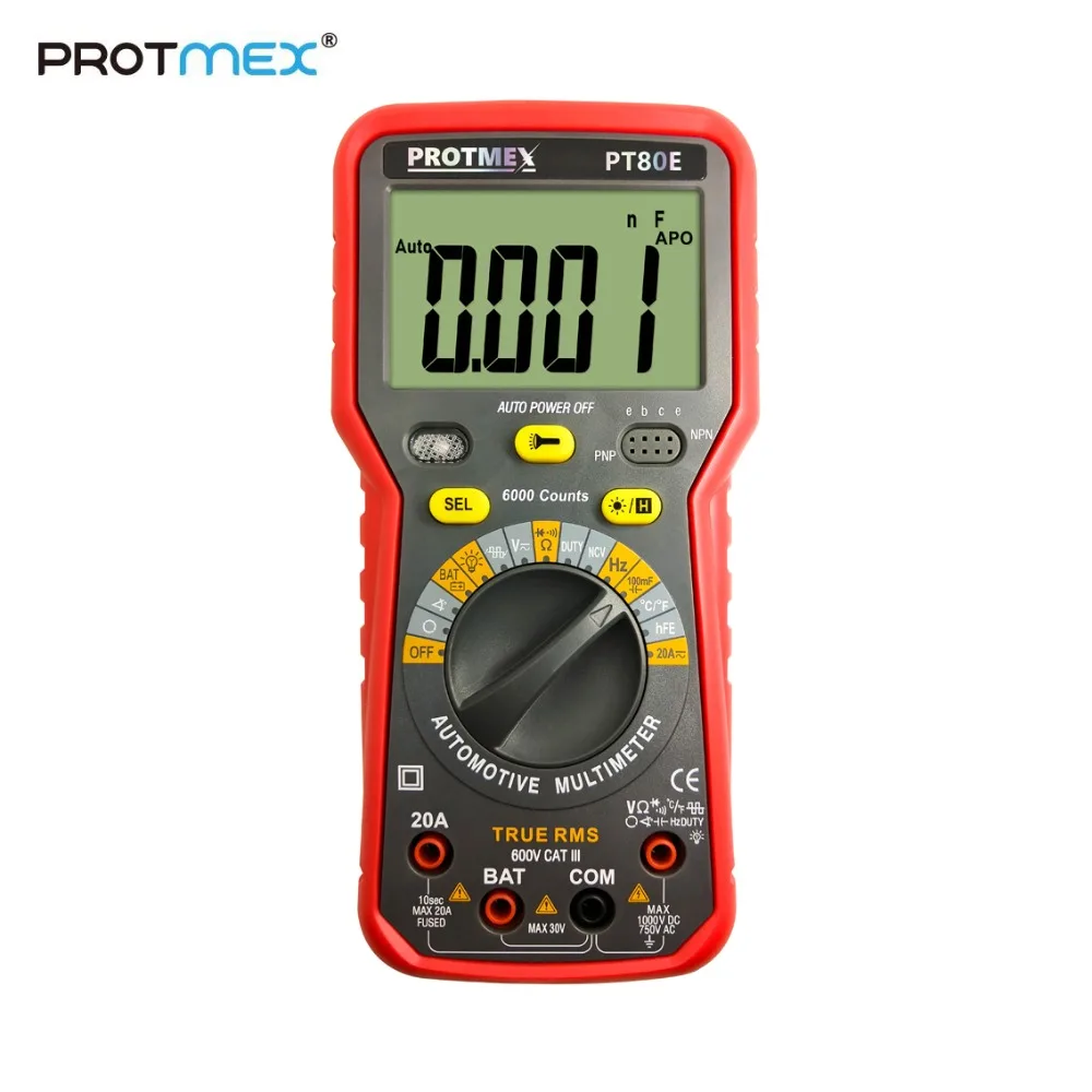 

Protmex PT80B/80E 6000 Counts Digital Auto/Manual Car Tester Multimeter DC/AC Voltage, Current,, Resistance, Capacitance Tester