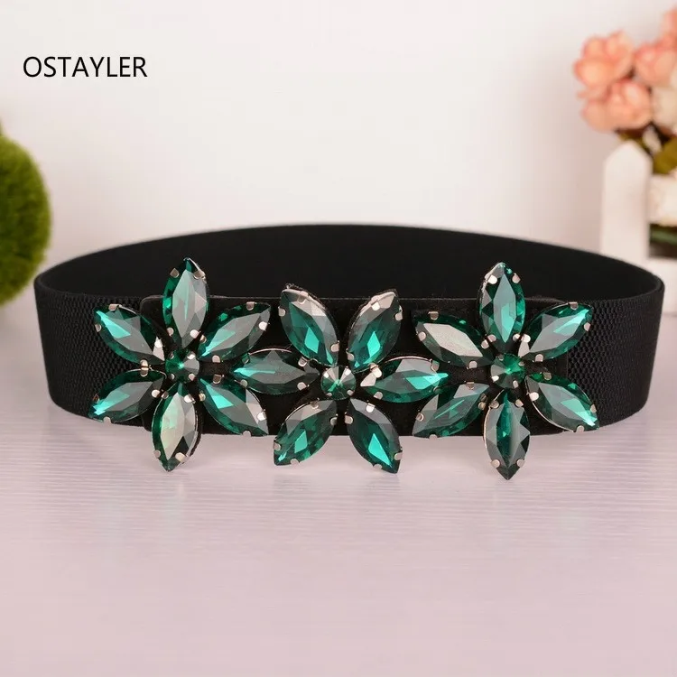 

Kroean Blue Green Crystal Gem Women Waistband Summer Dress Elastic Belt Fashion Flower Rhinestone Girdle Corset Belt