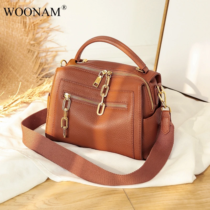

WOONAM Women Fashion Designer Handbag Top Hide Genuine Calf Leather Chain Boston Shoulder Bag WB925