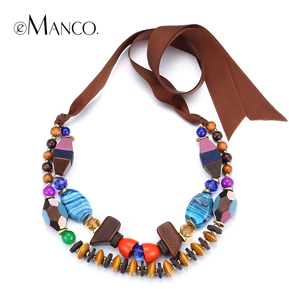

eManco Colorful bead necklace layering rope necklaces for women 2018 wooden beaded resin adjustable handmade choker necklace
