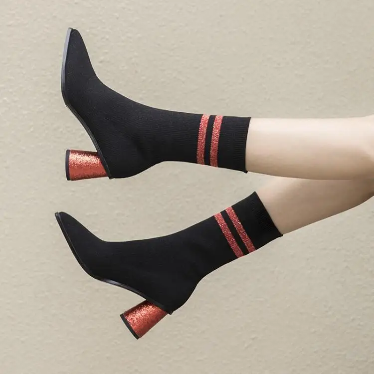 

Mixed Color Striped Fashion Stretch Fabric Sock Boots Women Chic Pointed Toe Silver Bling Round Heel Ladies Booties Shoes Woman
