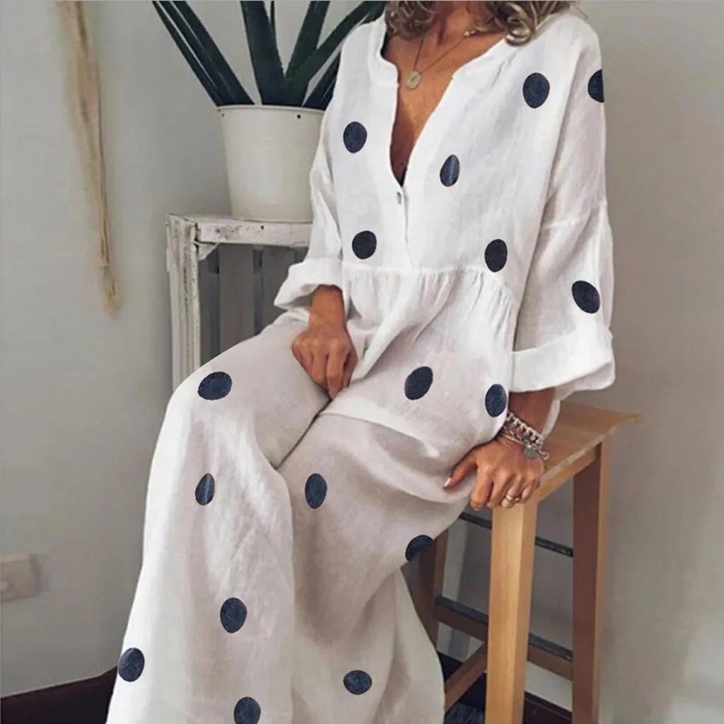 

Fashsiualy summer dresses Women V-Neck Dress Polka Dot Holiday Party Dress Linen Beach Long Dress Sexy Female Maxi Vestidos