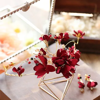 

Bride hairband earrings two sets dark red crystal hair tiaras and crowns wedding stage party photo hair accessories