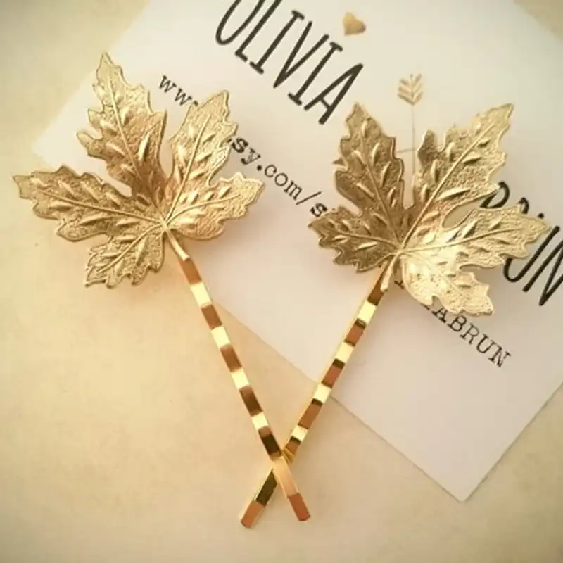 Vintage Hair Accessories Metal Silver Gold Maple Leaf Bobby Pin