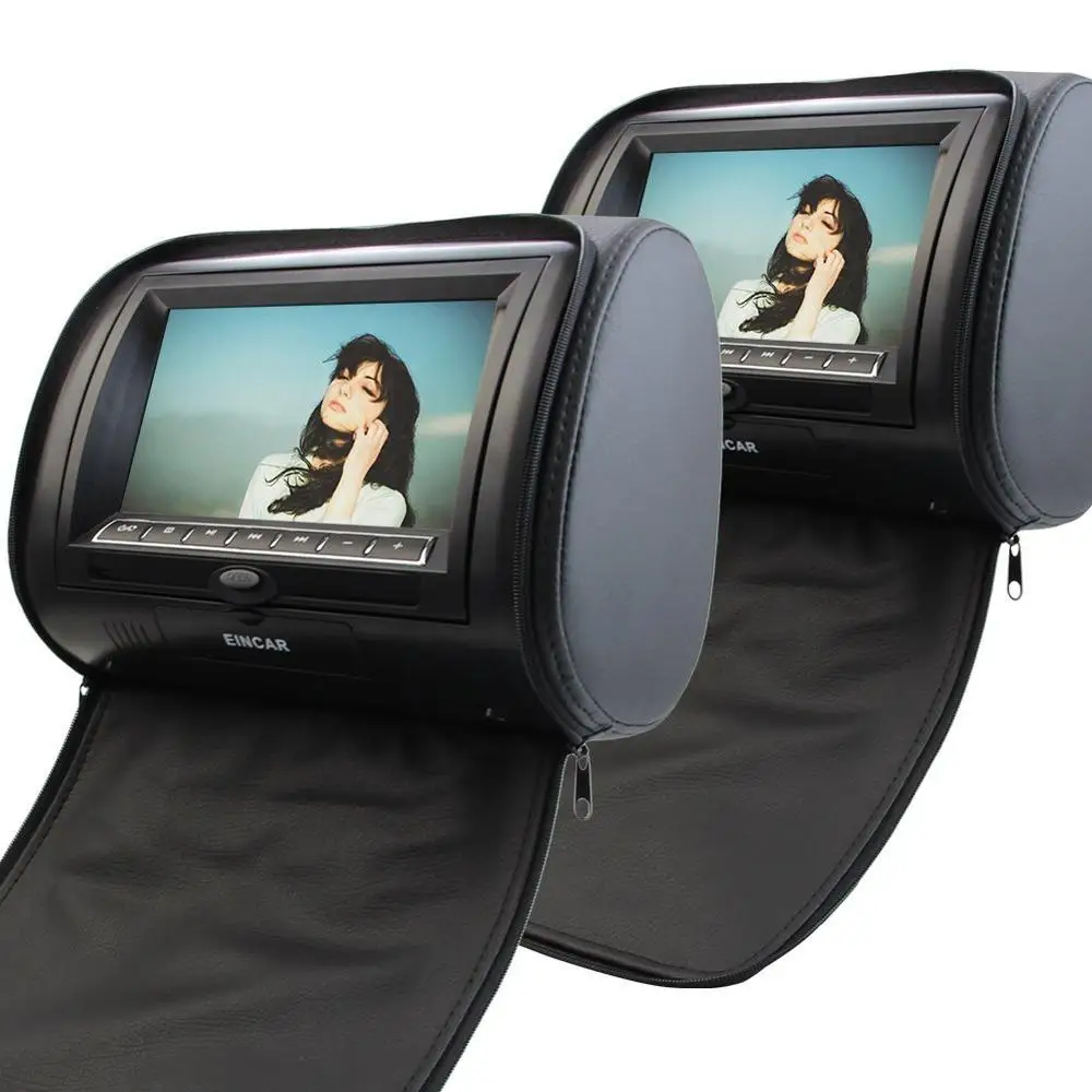 Car Headrest CD DVD Player LCD Screen Audio Black Leather Style pillow