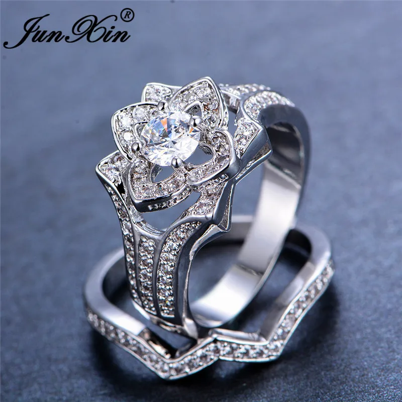 JUNXIN 80 OFF! Luxury Plant Leaf Flower Wave Ring Sets For Women 925 Silver Filled White Zircon Engagement Couples Ring Female