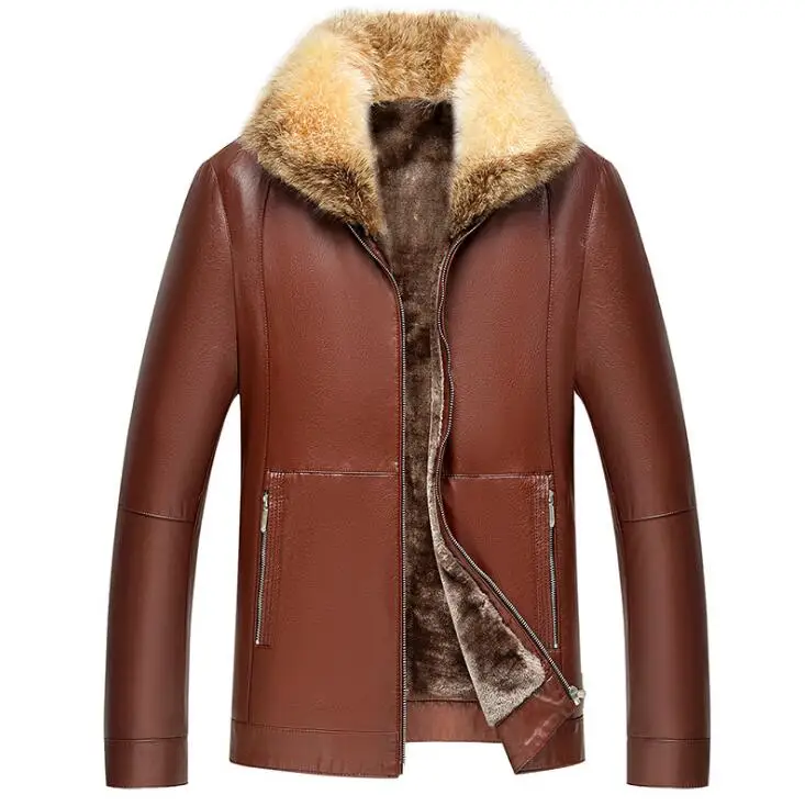 Новые деловые повседневные мужские пальто из натуральной кожи одно пальто с мехом мужские тонкие зимние куртки с воротником из овчины и меха енота
