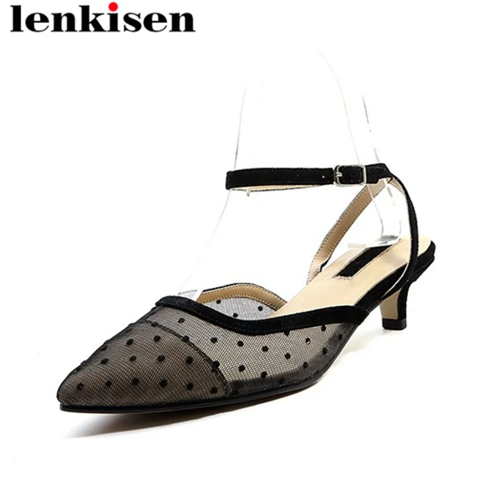 

Lenkisen big size pointed toe horsehair air mesh buckle strap polka dot med heels sweet fairy shopping women leather sandals L62