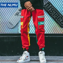 Мужские шаровары-шаровары в стиле пэчворк, хип-хоп, повседневные штаны для бега, Мужские штаны с завязками на талии, Харадзюку, уличная одежда, красные штаны WS724