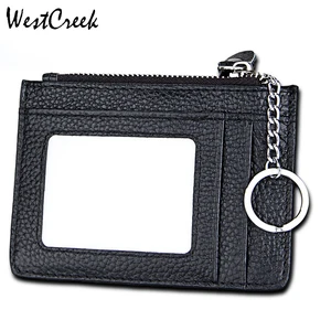 WESTCREEK Brand Men Genuine Leather Anti RFID Zipper Credit Card Holder Women Travel Wallet with Key Ring Coin Pocket