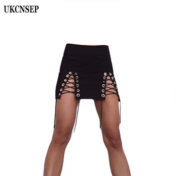 

2019 New Women Fashion Celebrity Bandage Skirts Eyelets Lacing Hollow Out Bodycon Bandage Club Mini Skirt