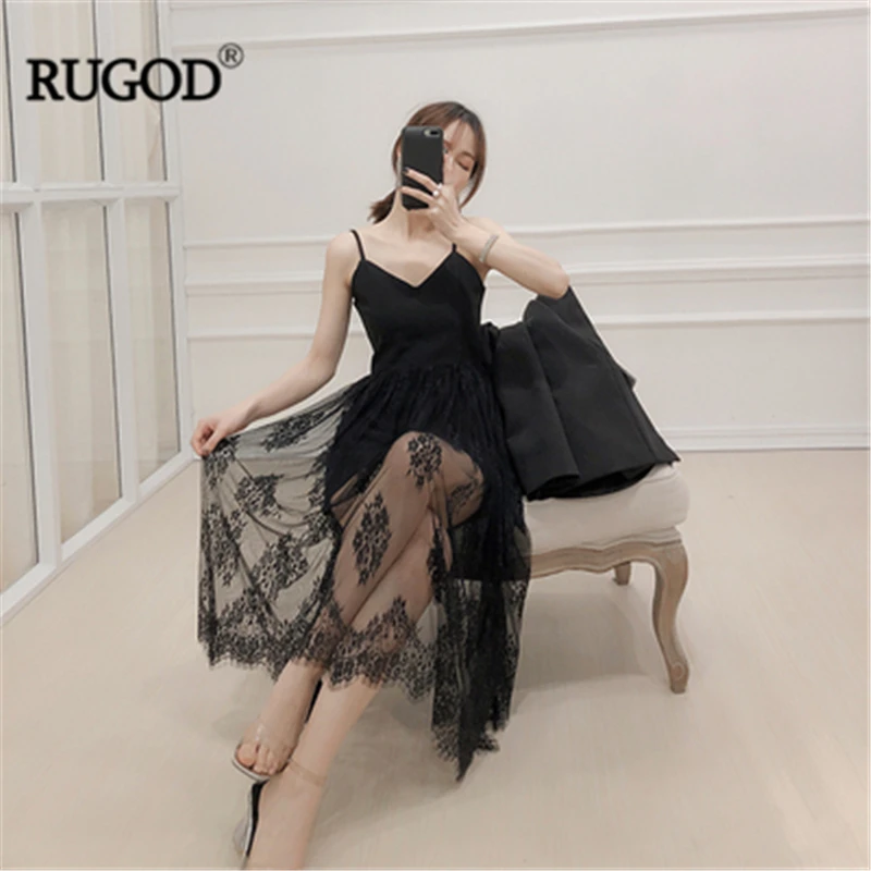 Женское кружевное платье RUGOD длинное однотонное с треугольным вырезом 2019|Платья|
