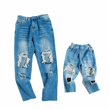 

family matching pangs trouseer boys ripped jeans mom son holes jeans mother and daughter clothes fahsion family clothing