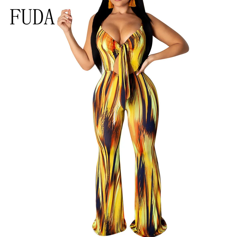 

FUDA Temperament Women's Print Irregular Striped Jumpsuits Sexy Hollow Out Sleeveless Loose Playsuits Female Summer Body Femme