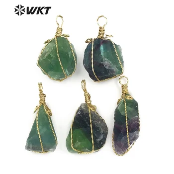 

WT-P1432 WKT Natural fluorite stone pendant random shape & size stone with gold metal wire wrapped new arrilvals 2019 girl jewel