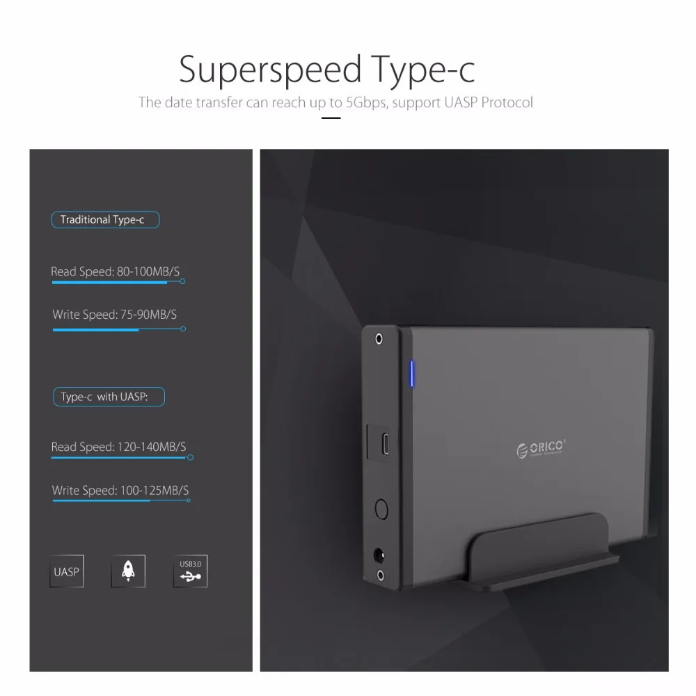 Caixa de Armazenamento Usb3.1 para Sata3.0 Orico Polegadas Tipo-c Case Externo Hdd Ssd Disco Rígido Doca Gabinete 5 Gbps Destacável 8 tb 3.5 - Imagem 4