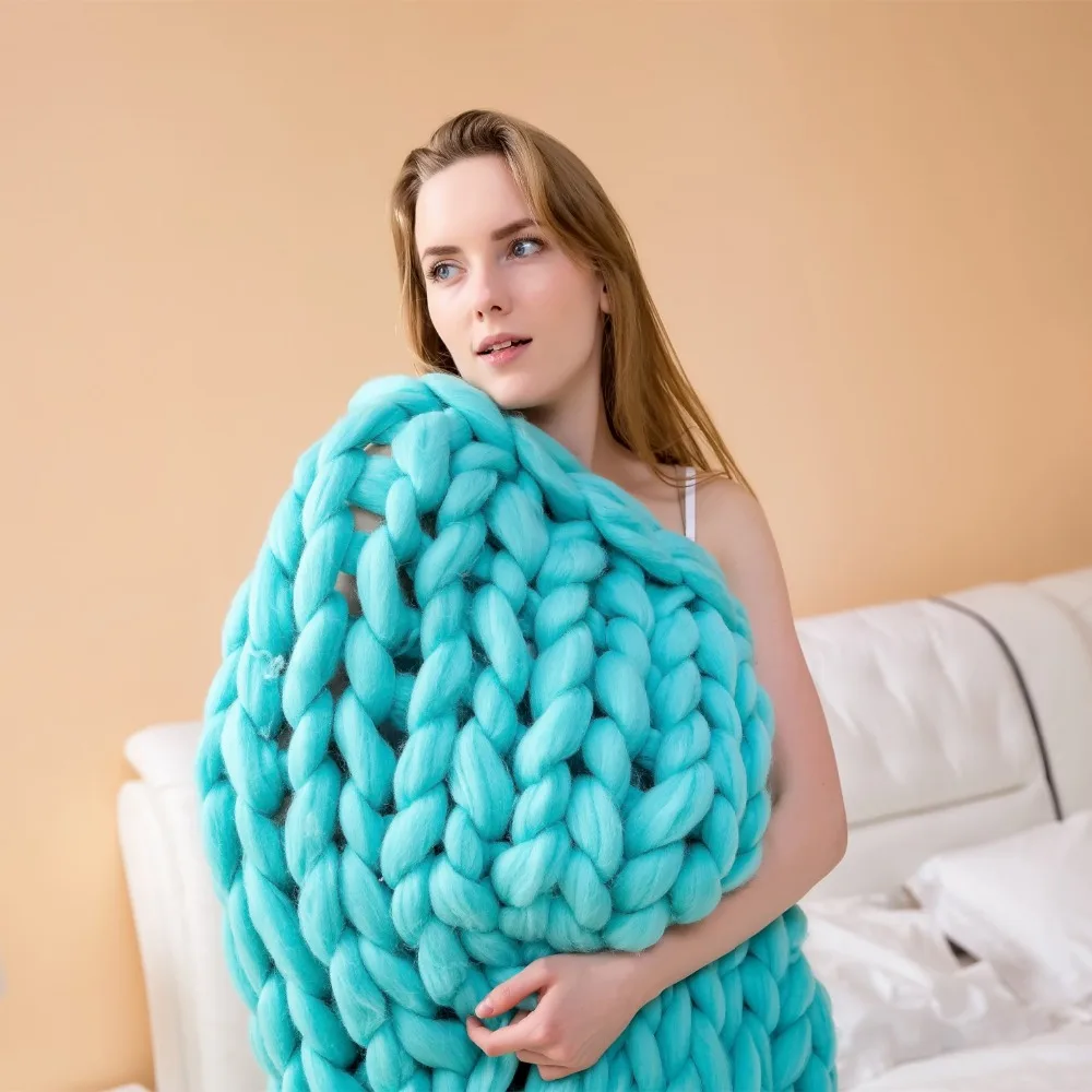 

Pure Fresh Blue Hand Weaving Photography Props Blankets Crochet Llinen Soft Knitting Blankets Soft Thick Line Giant Yarn Knitted