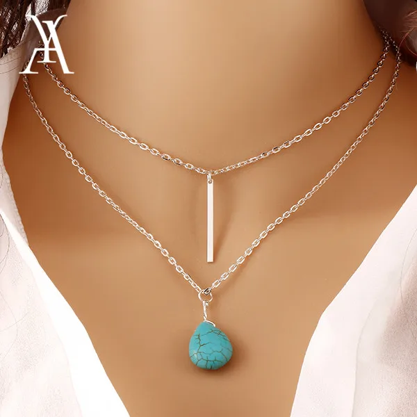 Trendy Bohemia Turquoise Double Chain Heart Pendant Necklace Punk Summer Body Chain Necklaces Fashion Jewellery Women LS53