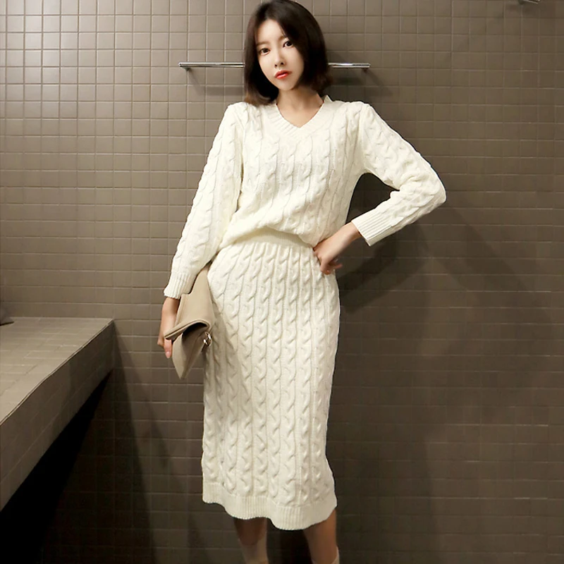 الخريف الشتاء الخامس الرقبة الملتوية محبوك سترة و الورك حزمة التنانير عارضة 2 أجزاء مجموعة الإناث محبوك سترة الدعاوى 2019