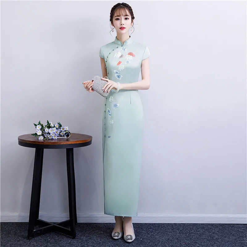 Nueva estampado Rosa Cheongsam larga vestidos Chinoise elegante bata Qi Pao mujeres chino tradicional ropa vestido diio