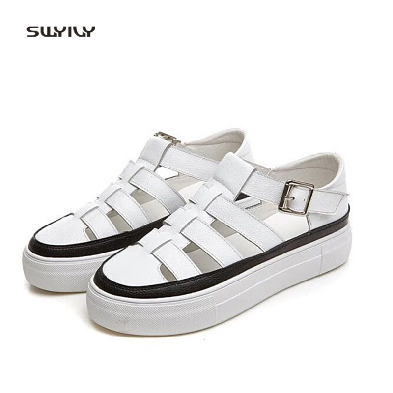 SWYIVY Womens Sandals Rome Platform Comfortable 2018 Summer Lady Casual Shoes Genuine Leather T Straped  White  Buckle Sandals