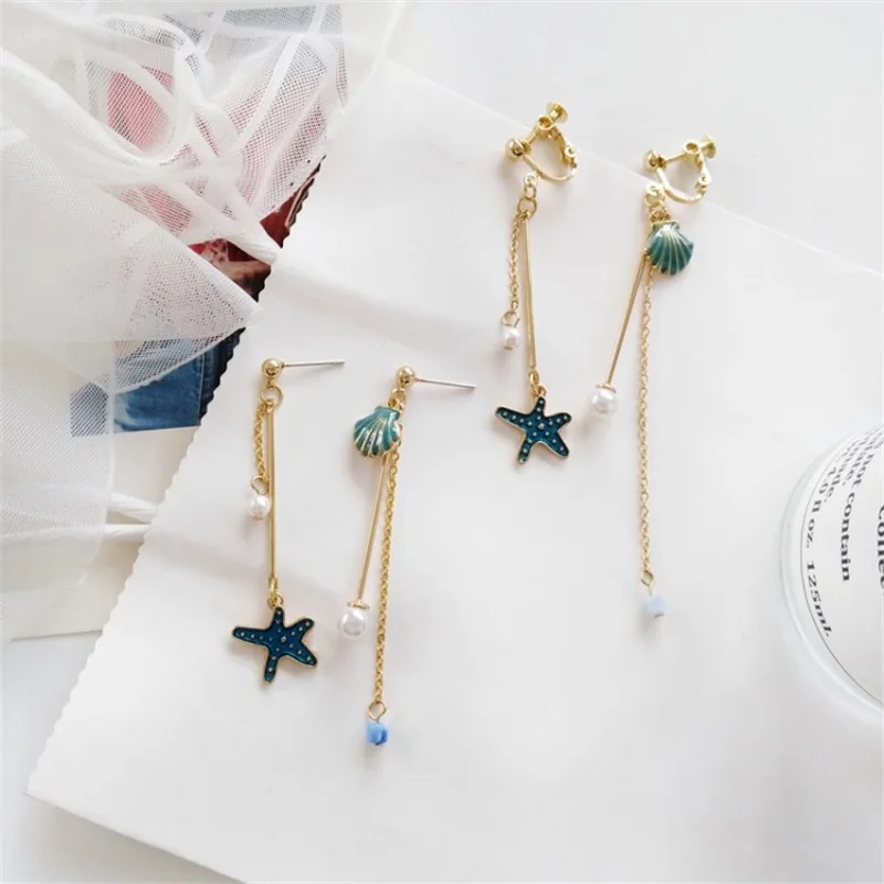 

2019 Fashion metal shell starfish asymmetric long dangle earrings Korean temperament pearl ear clips for women summer jewelry