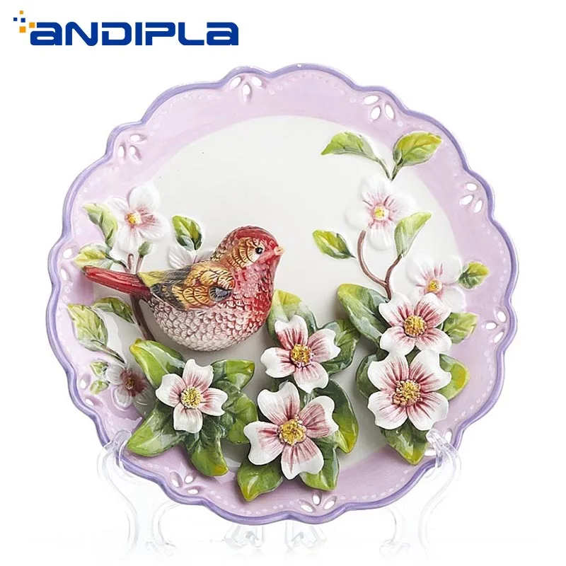 

8 inch Creative Design Ceramics Emboss Little Bird Flower Painted Decoration Plate Wall Adornment Wedding Gifts Transparent Base