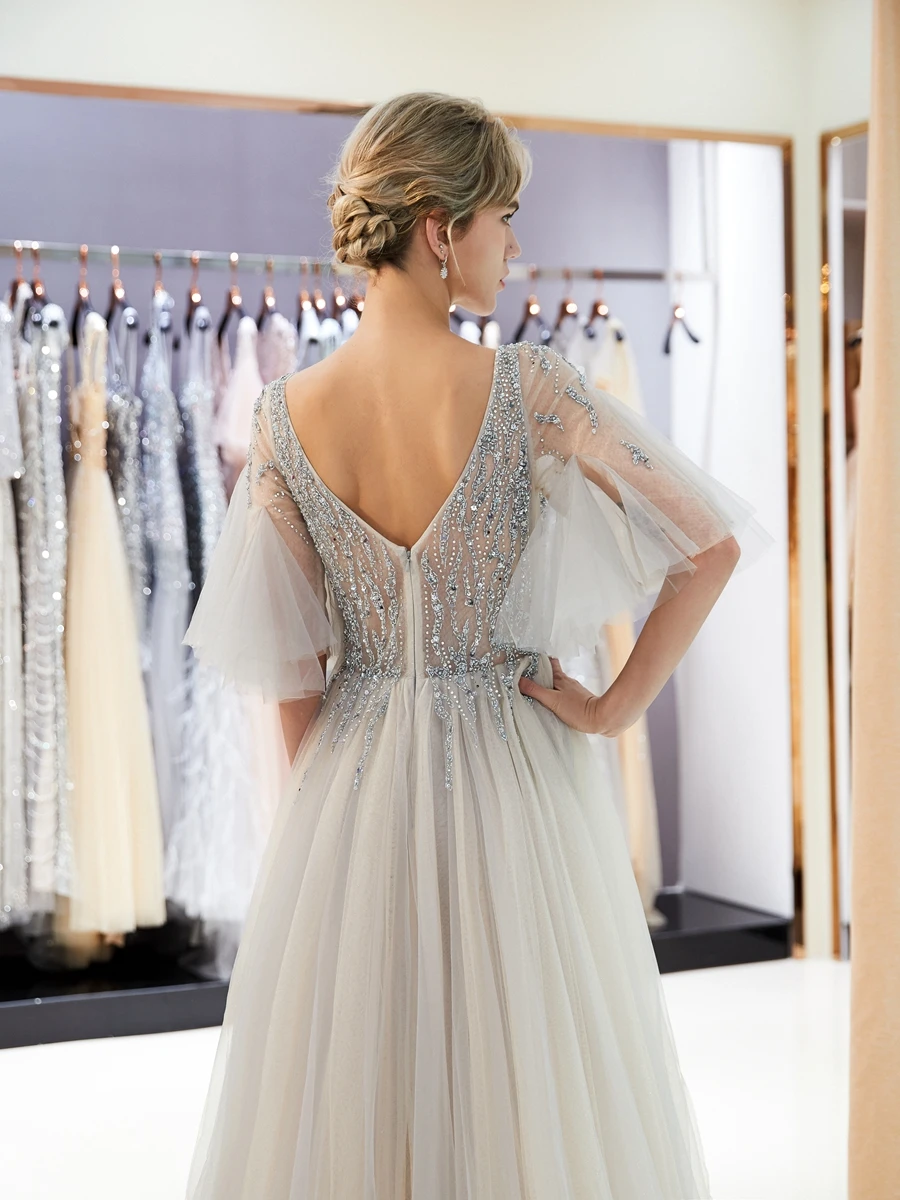 Gray Crystal Prom Dresses Beading Bodice Short Sleeves Walk Beside You Illusion Tulle A-line Vestidos Bestidos De Fiesta Largos