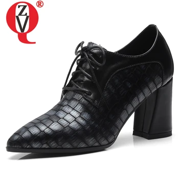 

ZVQ shoes woman spring new fashion pointed toe high quality genuine leather women pumps high square heel cross-tied office shoes
