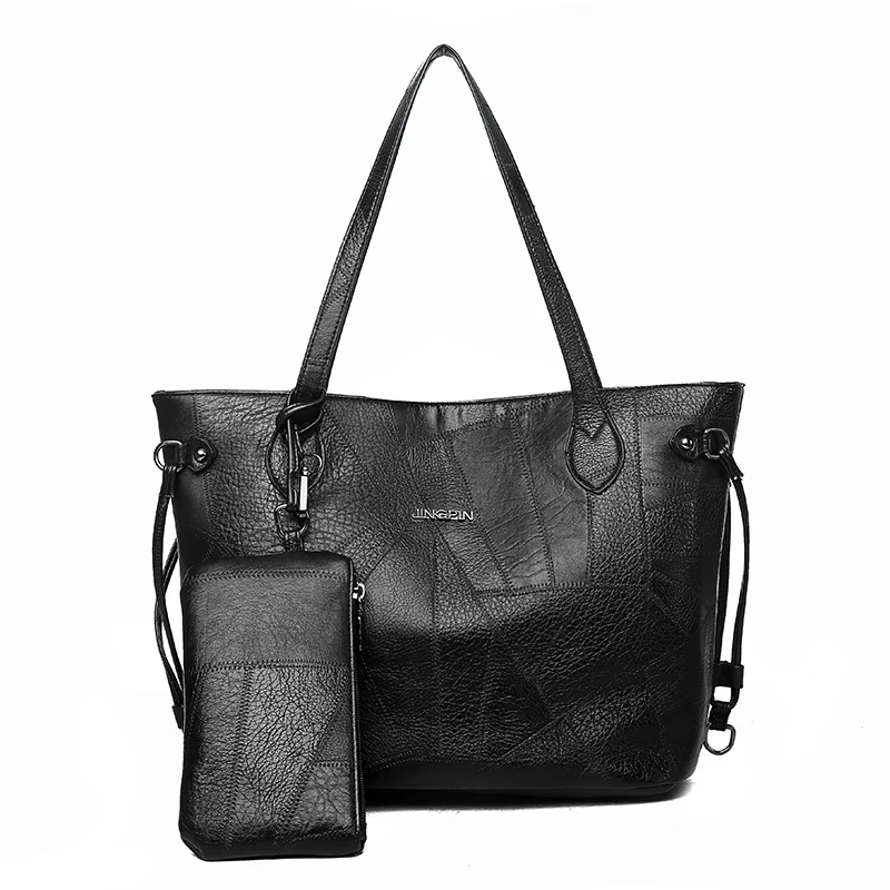 Роскошные женские кошельки и сумки Большая вместительная сумка 2 комплекта кожаная сумка на плечо большие сумки через плечо для женщин Bolsa Feminina - Цвет: Black